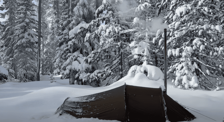 Comfortable camping in snowfall